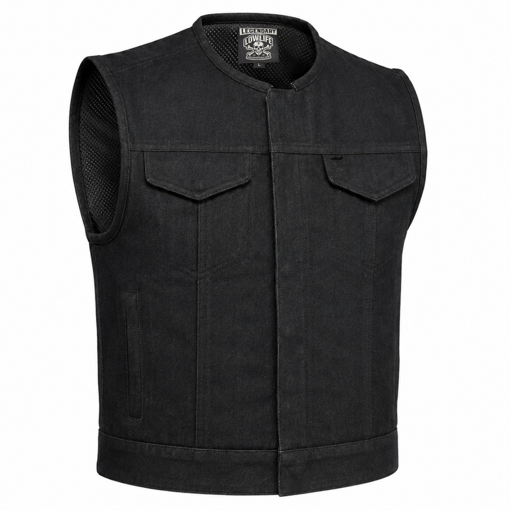 Legendary 'Cutdown' Collarless Cropped Black Denim Motorcycle Vest