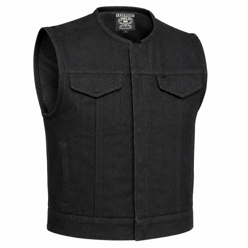 Legendary 'Cutdown' Collarless Cropped Black Denim Motorcycle Vest