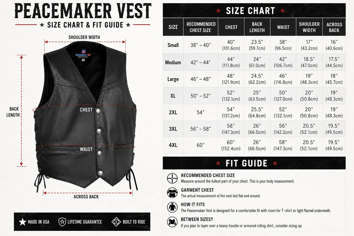 Legendary 'Peacemaker' Leather Vest — Buffalo Nickel Snaps — size chart