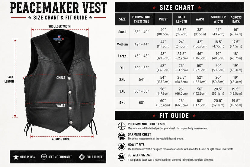 Size chart for the Legendary 'Peacemaker' Leather Vest — Buffalo Nickel Snaps with body measurements to help find your fit