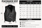 Size chart for the Legendary Peacekeeper Vintage Leather Gun-Pocket Vest with body measurements to help find your fit