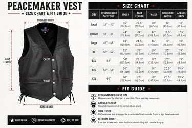 Size chart for the Legendary Peacekeeper Vintage Leather Gun-Pocket Vest with body measurements to help find your fit
