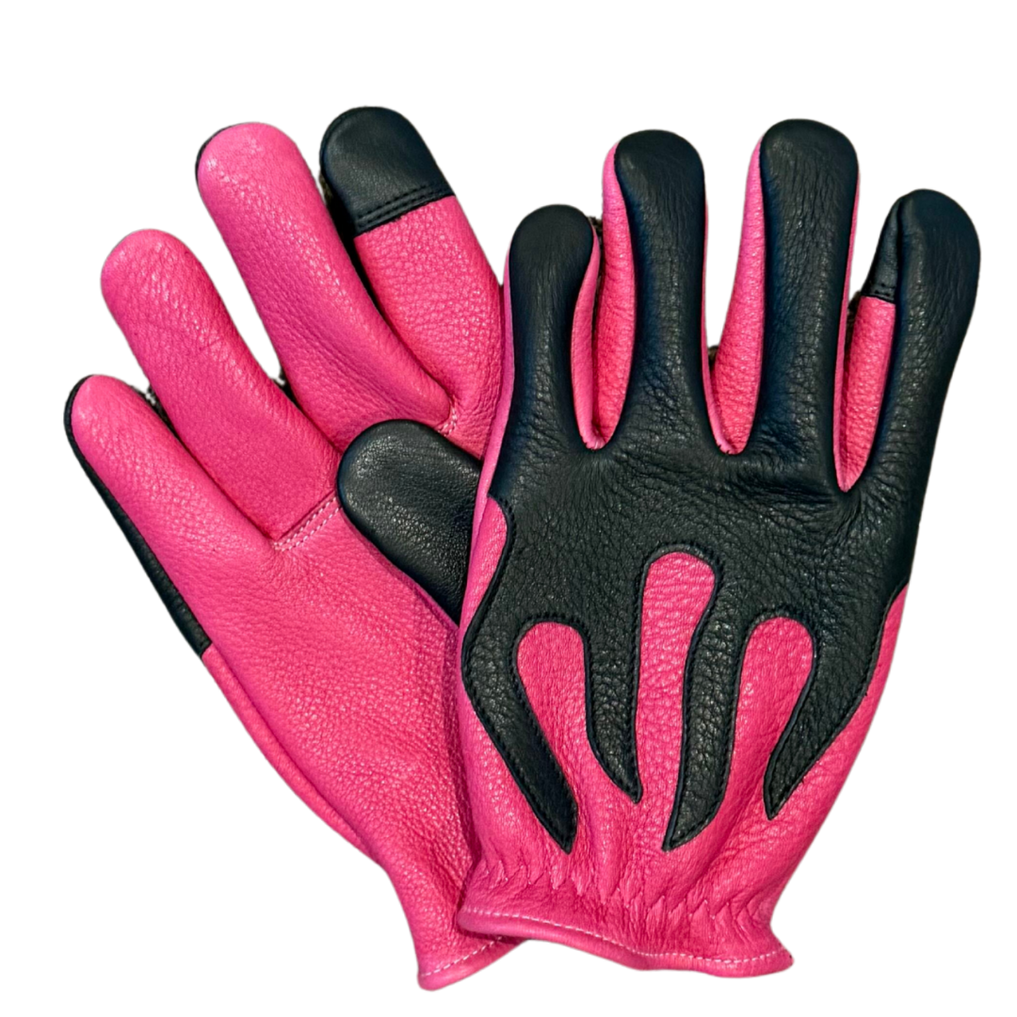 Legendary 'Spitfire' Neon Pink/Black Deerskin Short Wrist Touchscreen Motorcycle Gloves
