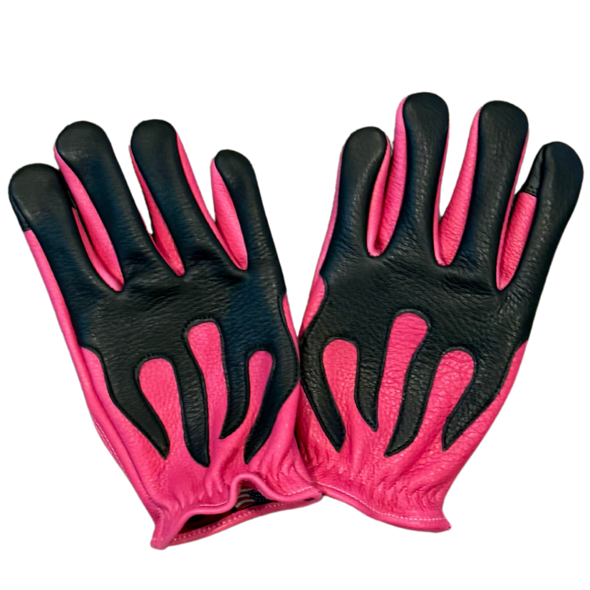 Legendary 'Spitfire' Neon Pink/Black Deerskin Short Wrist Touchscreen Motorcycle Gloves