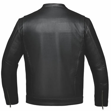 Open view of Men's Unik leather motorcycle jacket, highlighting construction detail
