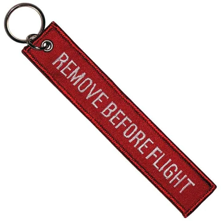Remove Before Flight embroidered keytag with metal key ring inspired by aviation safety tags