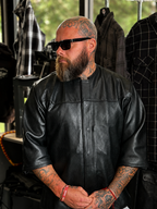 Rider wearing the Legendary '3 Quarter Order' perforated cowhide leather riding shirt with 3/4 sleeves — made in USA