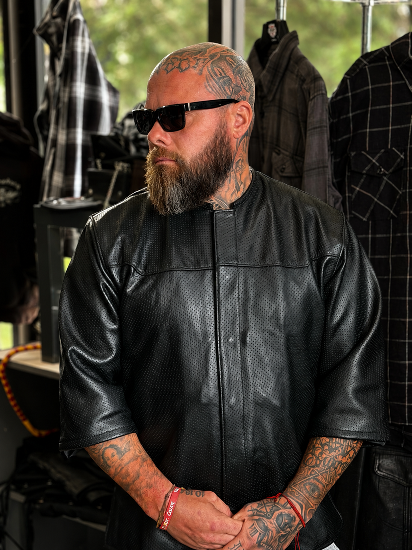 Rider wearing the Legendary '3 Quarter Order' perforated cowhide leather riding shirt with 3/4 sleeves — made in USA