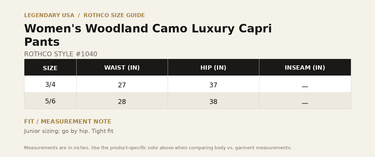 Rothco Women's Woodland Camo Luxury Capri Pants size chart, style 1040 - waist and hip measurements in inches for junior sizes 3/4 and 5/6