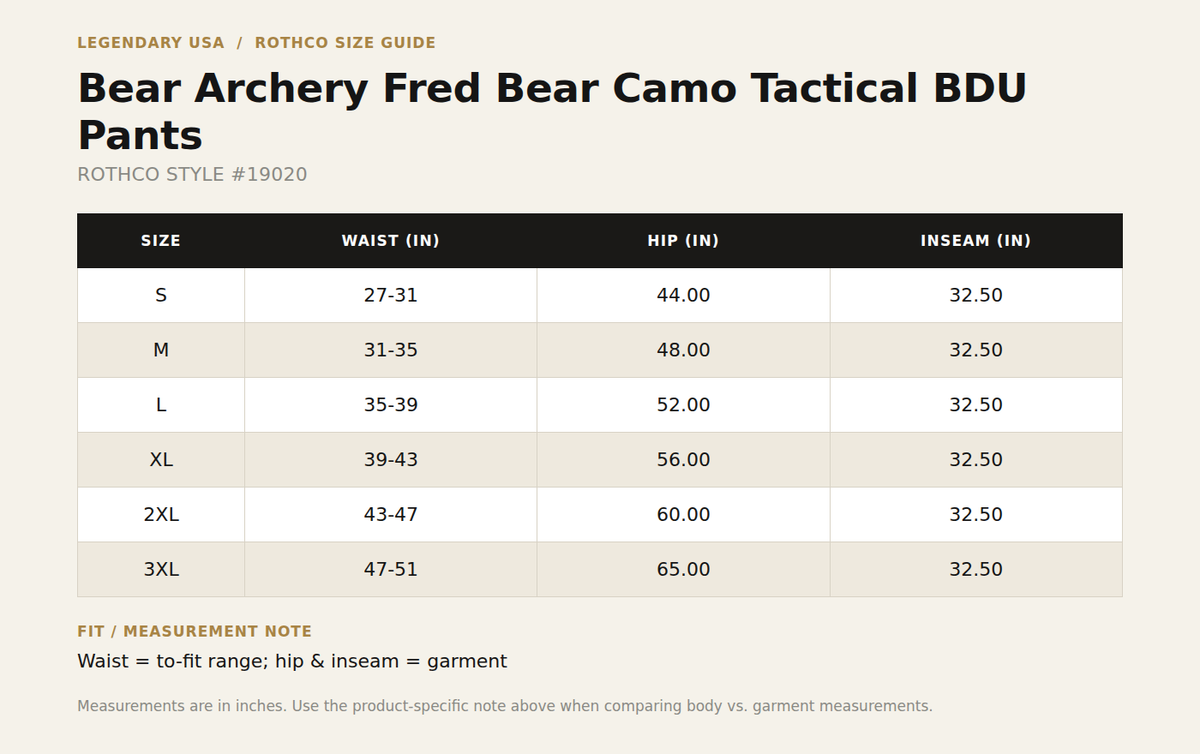 Rothco Bear Archery Fred Bear Camo Tactical BDU Pants size chart, style 19020 - waist, hip and inseam measurements in inches