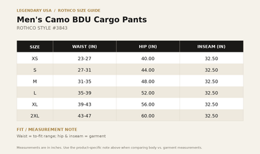 Rothco Camo BDU Cargo Pants size chart - waist, hip and inseam measurements in inches for sizes XS through 2XL