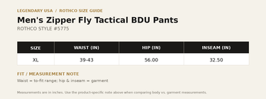 Rothco Men's Zipper Fly Tactical BDU Pants size chart, style 5775 - waist, hip and inseam measurements in inches