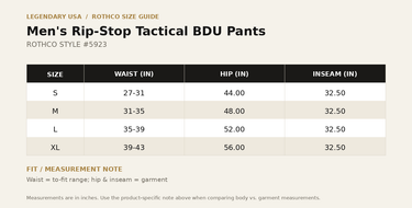 Rothco Men's Rip-Stop Tactical BDU Pants size chart, style 5923 - waist, hip and inseam measurements in inches