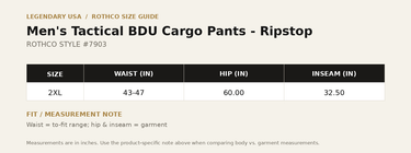 Rothco Men's Tactical BDU Cargo Pants Ripstop size chart, style 7903 - waist, hip and inseam measurements in inches