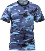 Rear angle of Men's Rothco camo camouflage t-shirt, highlighting stitching and material grain