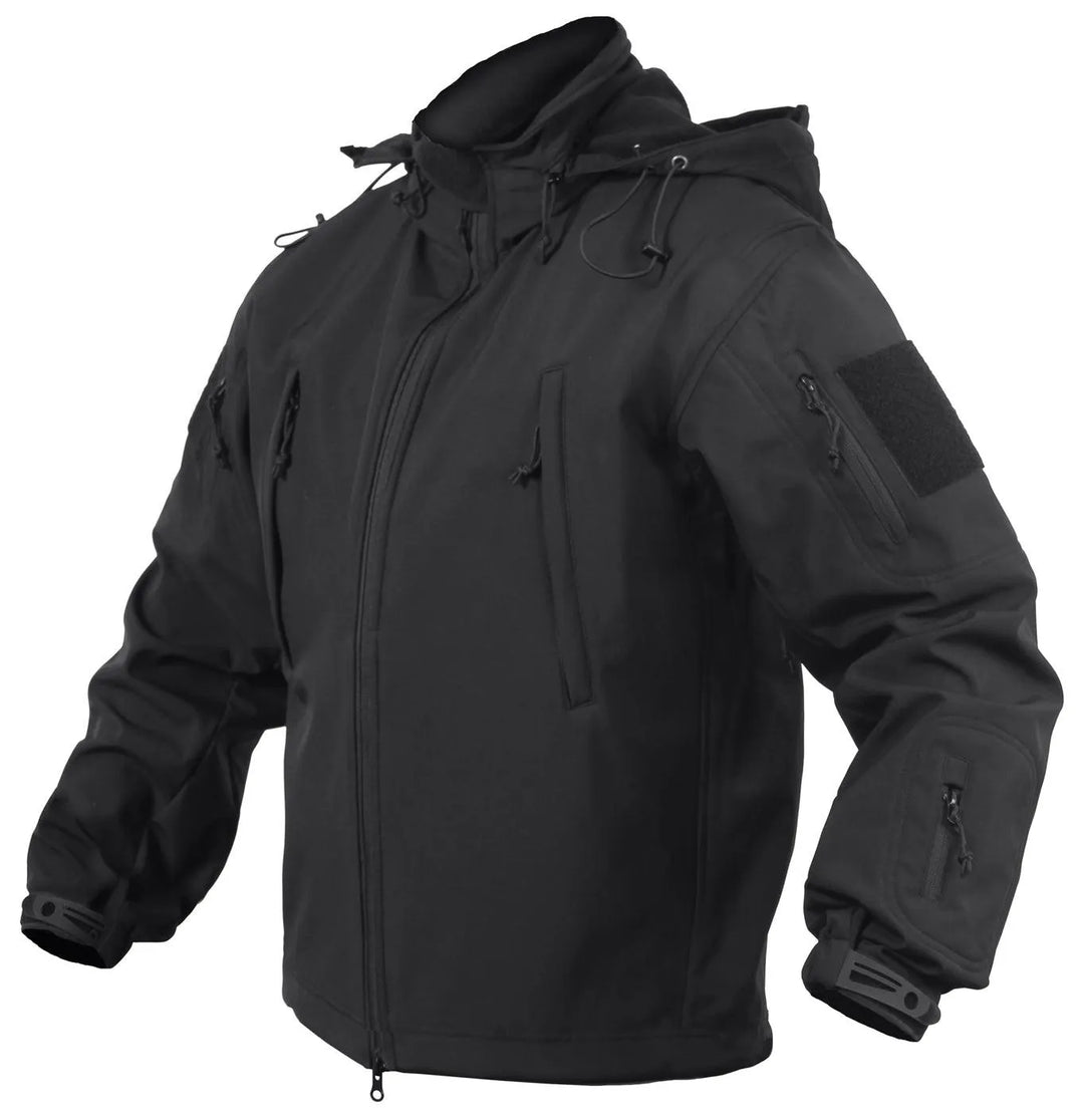 Front-facing view of Men's Rothco concealed carry softshell jacket, with brand detailing visible