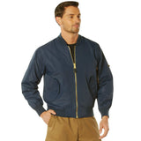 Side angle of Men's Rothco lightweight nylon MA-1 flight jacket, with hardware and stitching visible