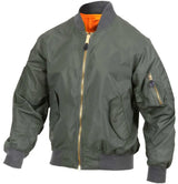 Side view of Rothco men's lightweight nylon MA-1 flight jacket, highlighting stitching and material grain