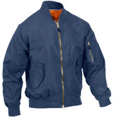 Back view of Men's Rothco lightweight nylon MA-1 flight jacket, with additional view from another angle
