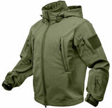 Front view of Rothco men's tactical softshell jacket, with brand detailing visible