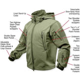 Close-up of Men's Rothco tactical softshell jacket, with hardware and stitching visible