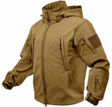 Detail view of Men's Rothco tactical softshell jacket, showing detailed construction features