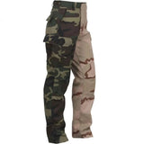 Side angle of Rothco men's camo camouflage tactical pants, with hardware and stitching visible
