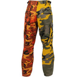 Construction detail of Rothco men's camo camouflage tactical pants, highlighting stitching and material grain