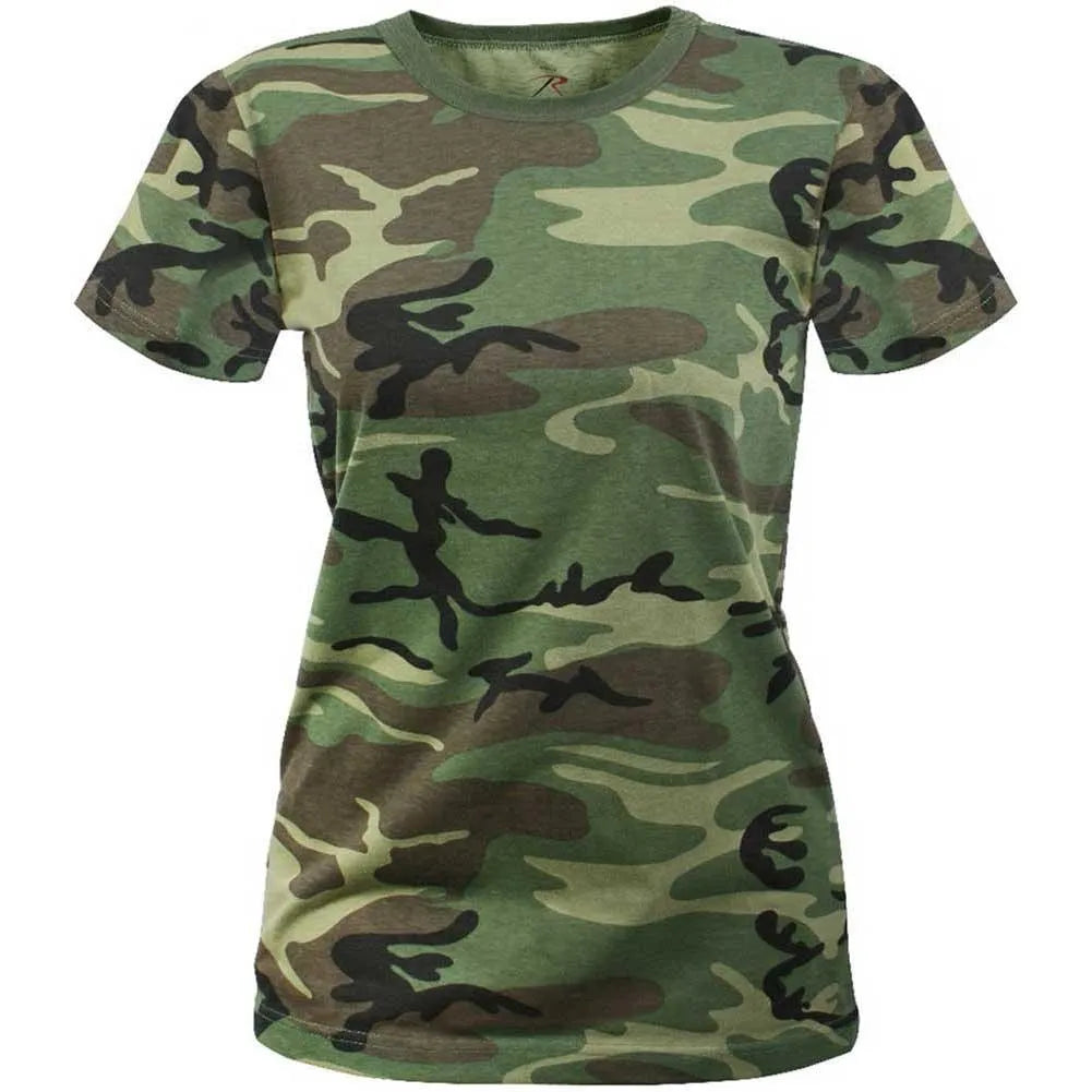 Front view of Rothco women's camo camouflage t-shirt, with brand detailing visible