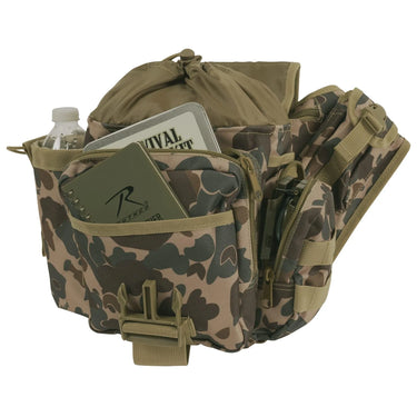 Alternate angle of Rothco tactical camo bag, with hardware and stitching visible