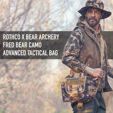Back view of Rothco X Bear Archery Fred Bear Camo Advanced Tactical Bag, showing rear panel detail