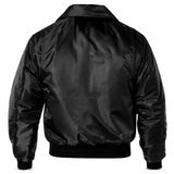 Back view of Rothco men's nylon flight jacket, with closer view of trim and finish