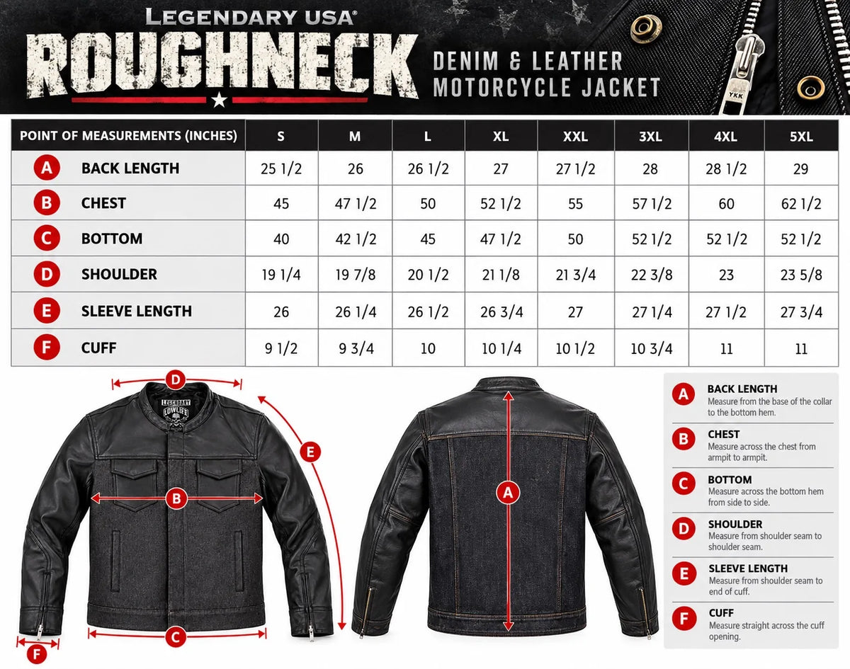 Legendary 'Roughneck' Men’s Denim & Leather Motorcycle Jacket — size chart