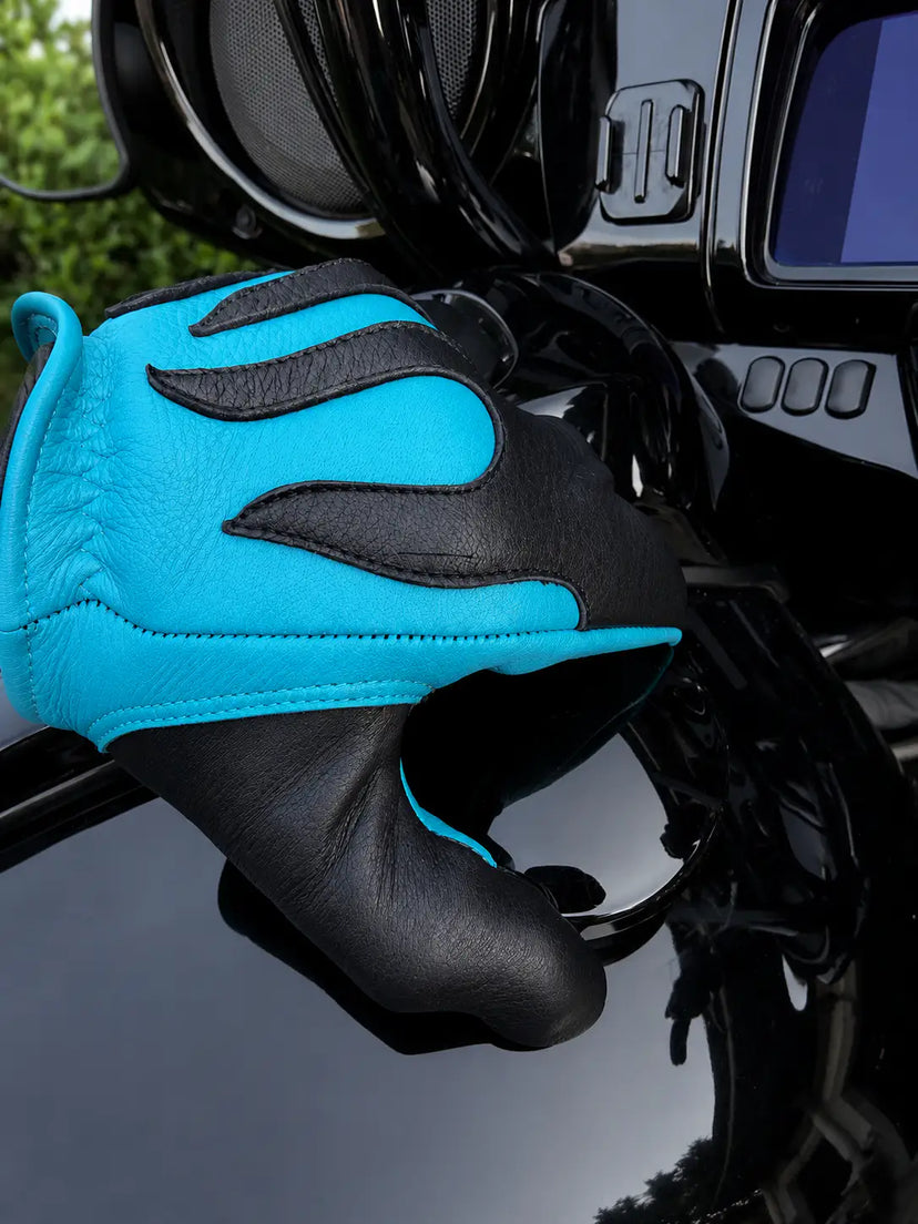 Spitfire Black Blue Flame Gloves in black deerskin made in USA, a motorcycle glove — view 3 of 4