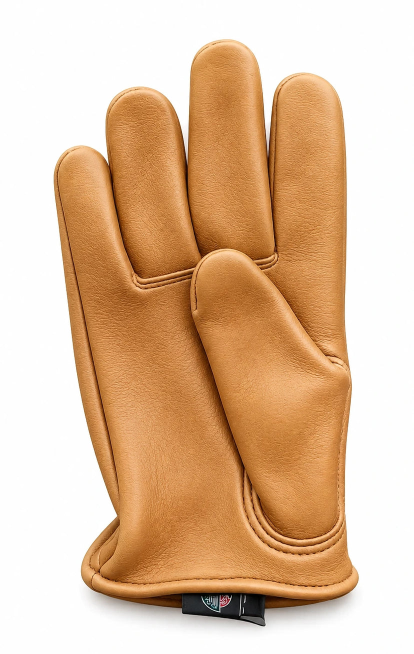 Tan Short Wrist Deerskin Gloves in brown deerskin made in USA, a motorcycle glove — view 3 of 6
