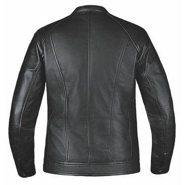 Open view of women's leather motorcycle jacket, with hardware and stitching visible
