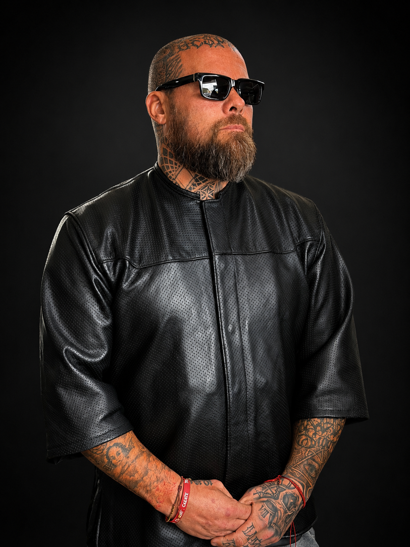 Model wearing the Legendary '3 Quarter Order' premium perforated cowhide riding shirt — collarless club-style fit, studio view