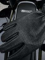 Ventilated Touchscreen Deerskin Gloves shown in a riding setting made in USA, a motorcycle glove
