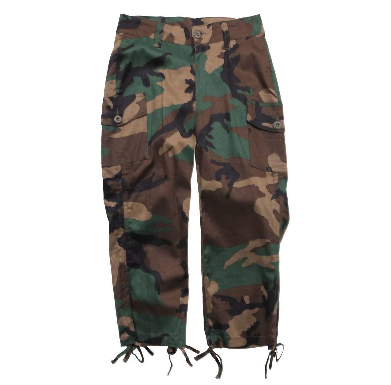 Side view of Rothco women's camo camouflage tactical pants, showing detailed construction features
