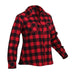 Front-facing shot of Rothco women's plaid flannel shirt, with brand detailing visible