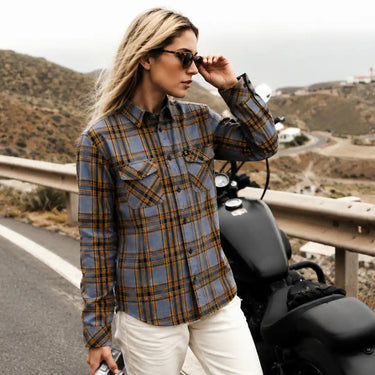 Legendary No Life Plaid Flannel Riding Shirt worn near Harley-Davidson — lifestyle shot