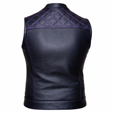 Rear view of women's diamond stitch purple motorcycle vest, showing additional product detail