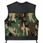Legendary Camo Club Cordura & Leather Vest back view showing the black cowhide panel made in USA