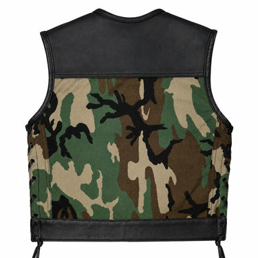 Legendary Camo Club Cordura & Leather Vest back view showing the black cowhide panel made in USA