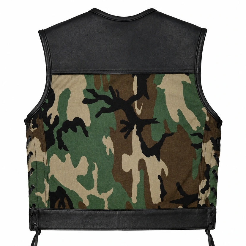 Legendary Camo Club Cordura & Leather Vest back view showing the black cowhide panel made in USA