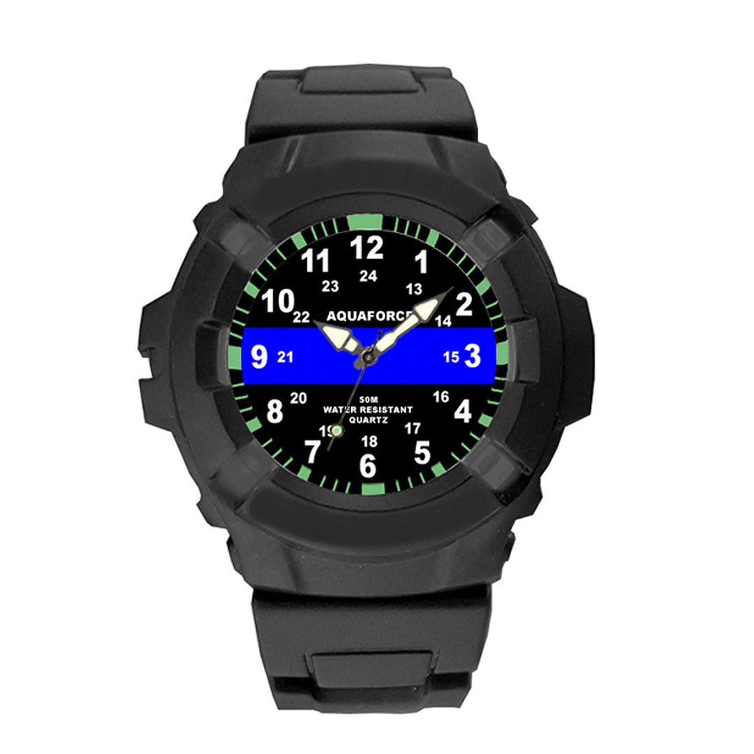 Aqua Force Thin Blue Line Police Officer Rugged Pu Rubber Watch - 50m Water Resistant