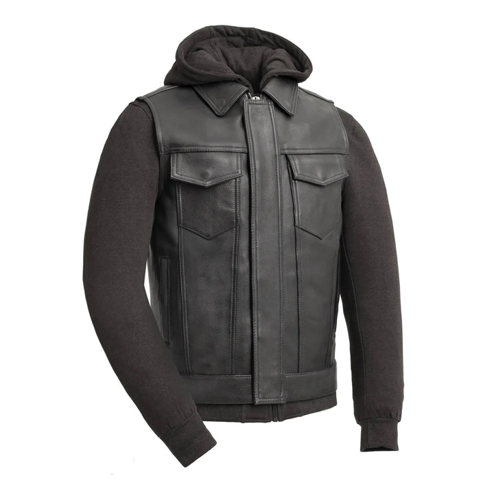Kent Men's Motorcycle Leather Vest w/ Removable Sweatshirt