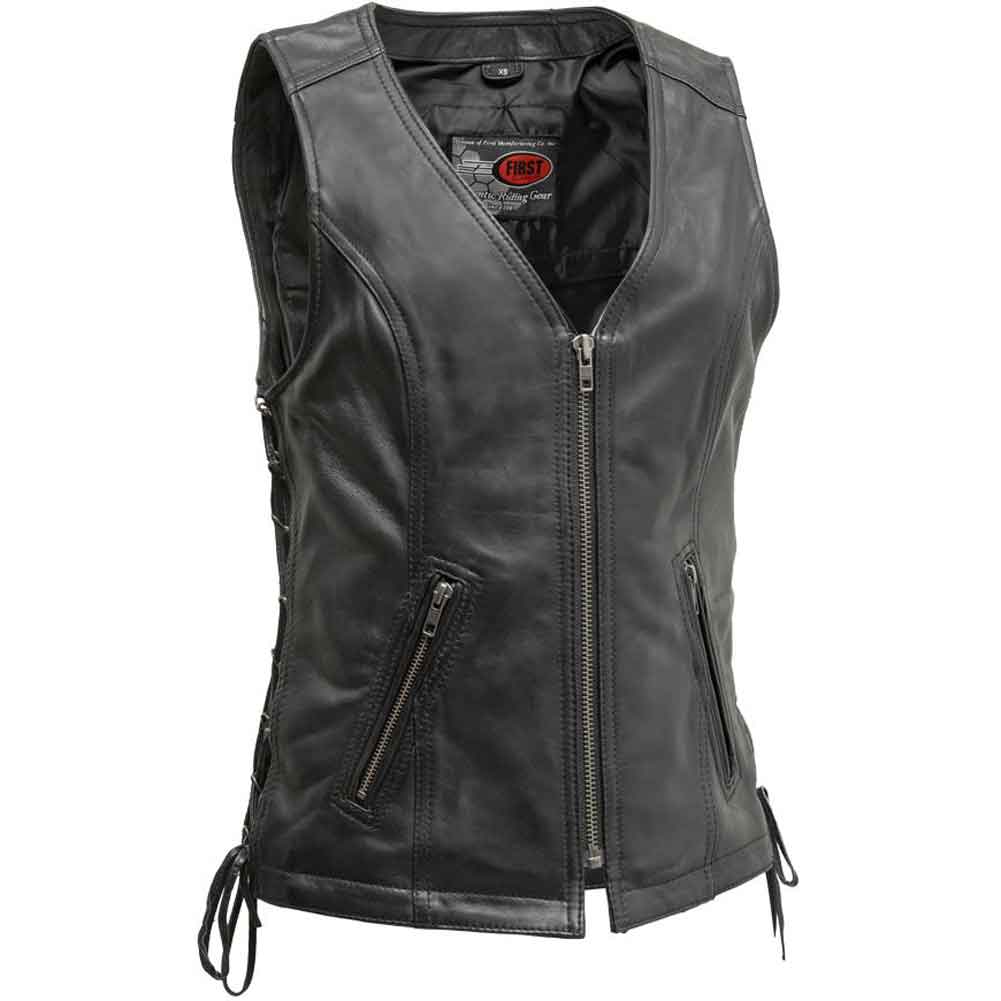 First Mfg Womens Cindy Zip Front Leather Motorcycle Vest