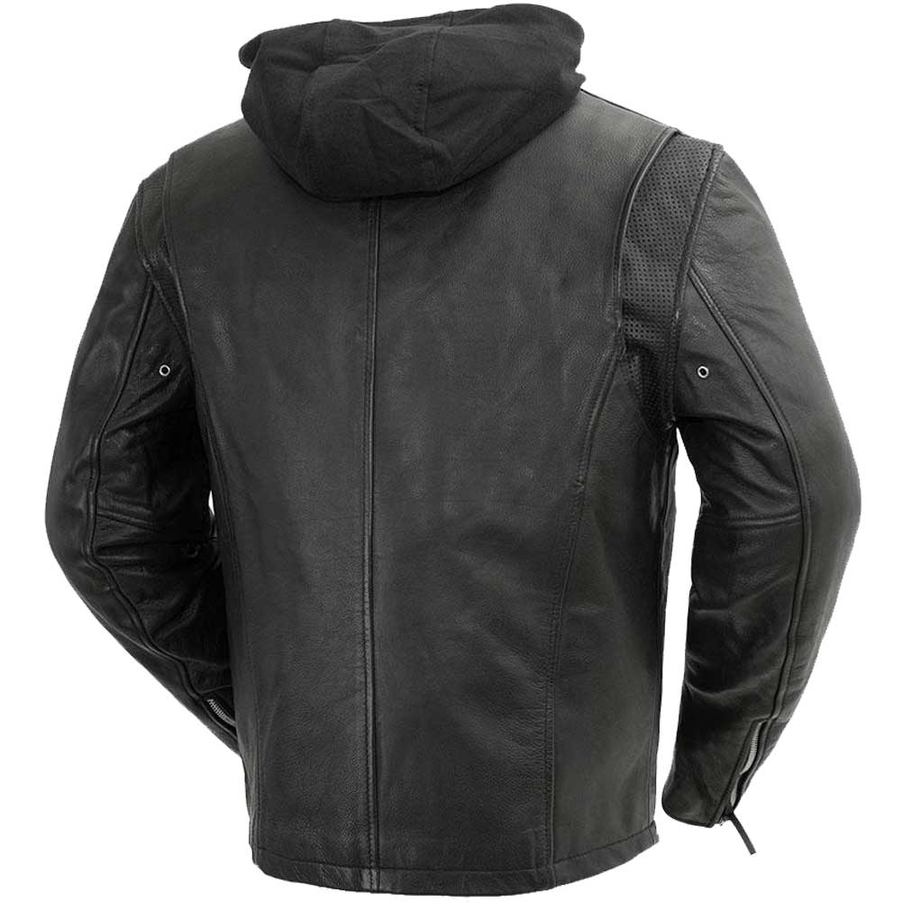 First Mfg Mens Street Cruiser Hooded Leather Motorcycle Jacket