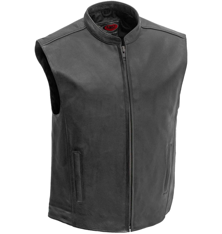 First Mfg Mens Club House Zip Front Leather Motorcycle Vest